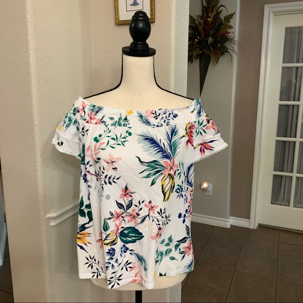 Joe Fresh white, green & pink tropical print top Size M